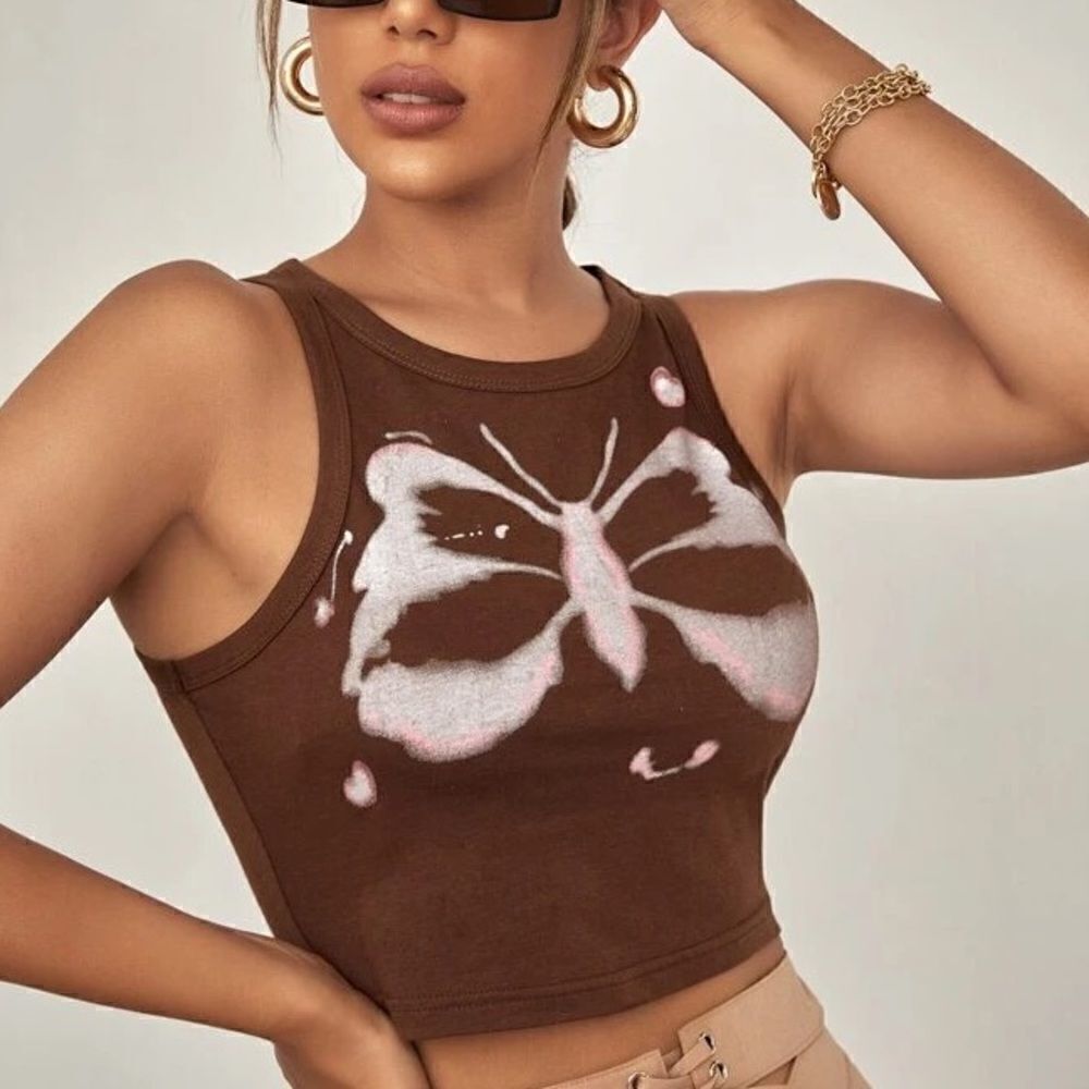 Butterfly Print Brown Tank Top Petite Size XXS